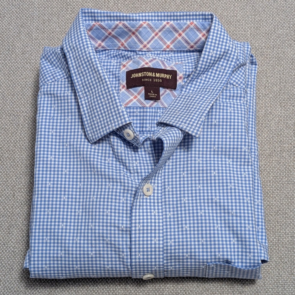 Johnston & Murphy Men's L Blue White Gingham Dress Shirt Cotton Blend Textured